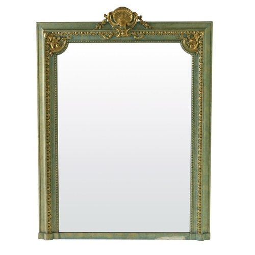 172 - A 19th Century French blue painted and parcel gilt Overmantel Mirror, with shell crest above an egg ... 