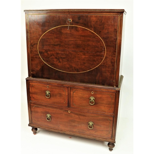 214 - A fine early Regency period brass inlaid walnut and mahogany Bureau Abbatant, the fall front opening... 