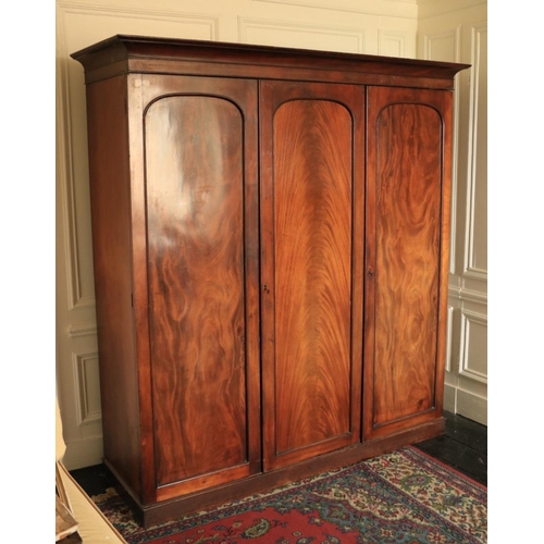 270 - A fine quality Victorian mahogany Wardrobe, with three arched panel doors on a plinth base, 84