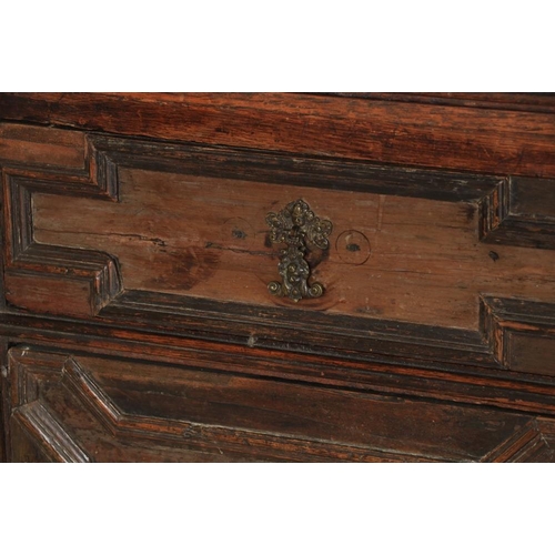 294 - A 17th Century Jacobean type oak Chest of Drawers, in two parts, with four variant drawers and geome... 