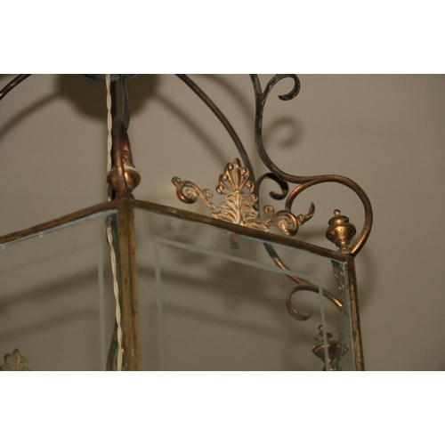 338 - A very fine large octagonal brass framed Georgian Hall Lantern, with etched glass panels (also crims... 