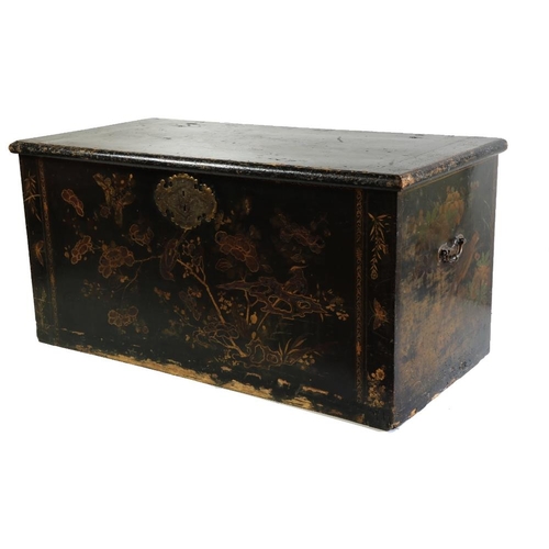 358 - An 18th Century chinoiserie lacquered lift top Chest, decorated with exotic birds and foli... 