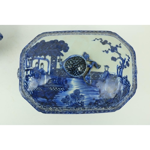 39 - A Chinese blue and white Nankin Tureen and Cover, decorated with lake scene, with pomegranate finial... 