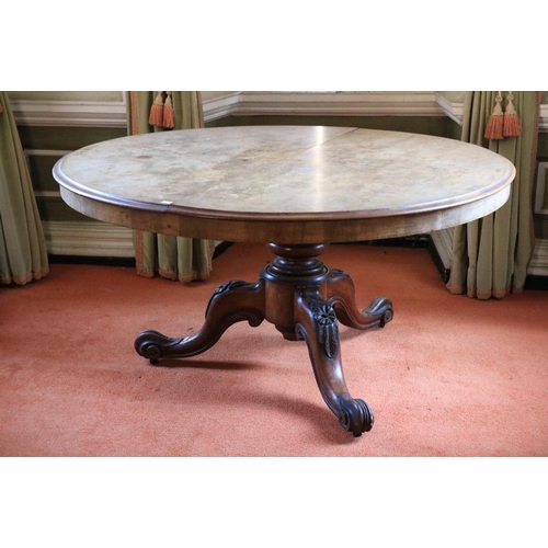 402 - A Victorian circular walnut Breakfast Table, on a turned stem on a tripod with scroll legs, 52