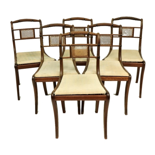 403 - A good set of 6 Regency period inlaid mahogany Bergére Side Chairs, each with rope and bead moulded ... 