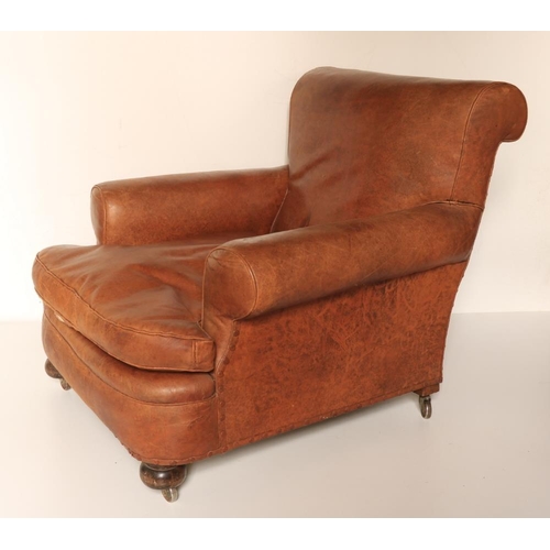 433 - A pair of tan hide covered Club Type Armchairs, in the style of Howard, London, with loose cushion s... 