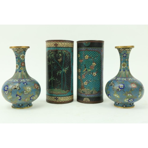 45 - A pair of Chinese cloisonné enamel Vases, of cylindrical form, decorated with colourful flowers and ... 