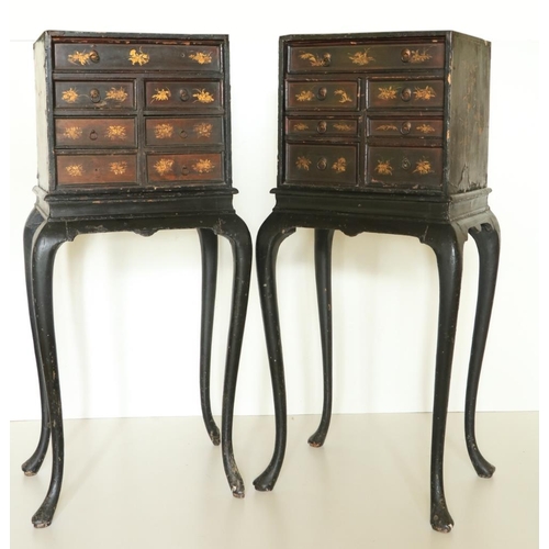 477 - A pair of late 18th Century / early 19th Century black Japanned Chest on Stands, each with an arrang... 