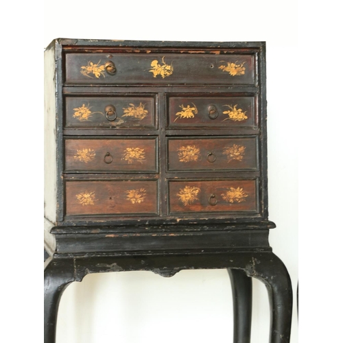 477 - A pair of late 18th Century / early 19th Century black Japanned Chest on Stands, each with an arrang... 