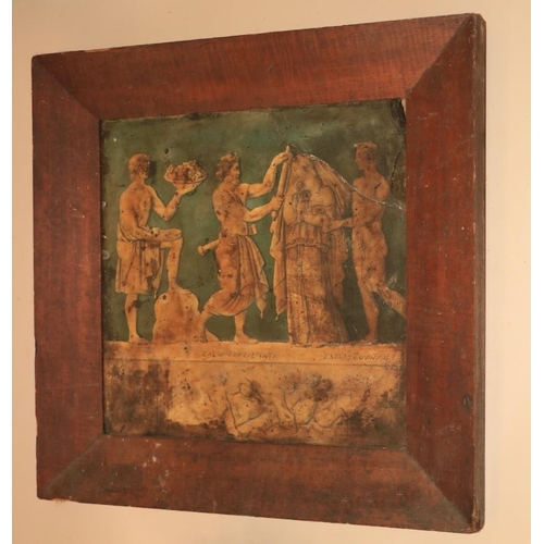 492 - An Ancient Greek Tile, with four classical figures against a green wall standing on a plinth with in... 