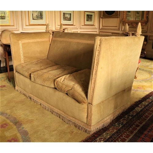 506 - A pair of large Parker Knoll type drop end Settees, each with triple cushion seat covered in beige d... 