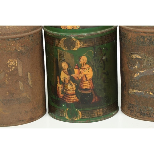 557 - Seven assorted decorated and plain Chinese metal Tea Bins, various sizes and colours, the largest a ... 