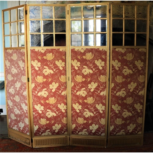 564 - A four fold late 19th Century gilt framed Screen, with ribbon moulding, each fold with nine glazed p... 