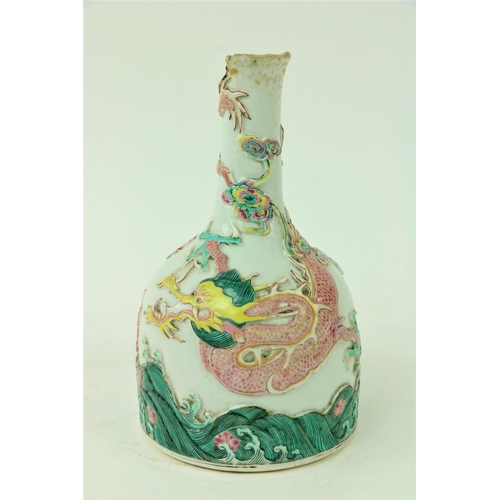 63 - An 18th Century Chinese Famille Verte Bottle Vase, with four claw dragon, in relief, over jumping ca... 