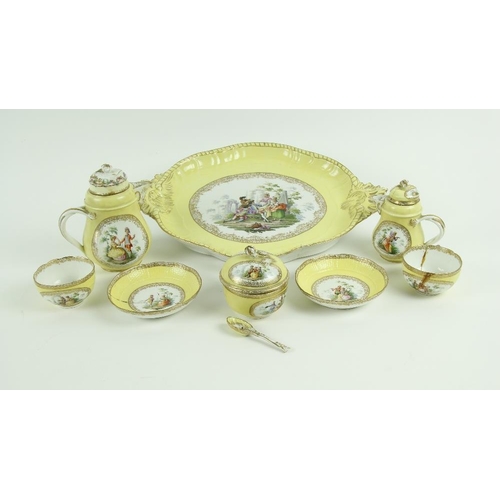 76 - An 8 piece yellow ground Meissen porcelain Cabaret Set, 19th Century, comprising a large oval Tray d... 