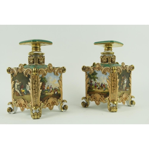 77 - A fine pair of decorative Jacob petit French polychrome porcelain Flasks and stoppers, each of squar... 