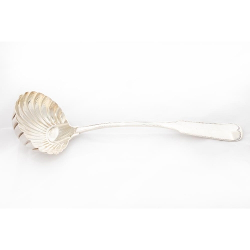 720 - An Irish George III fiddle and thread pattern crested Soup Ladle, by John Power, Dublin 1794, w... 