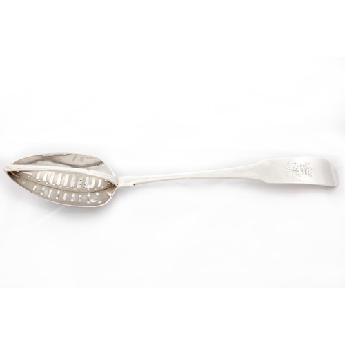 722 - An Irish George III monogrammed silver fiddle pattern Skimming Spoon, by Samuel Neville, Dublin 1801... 