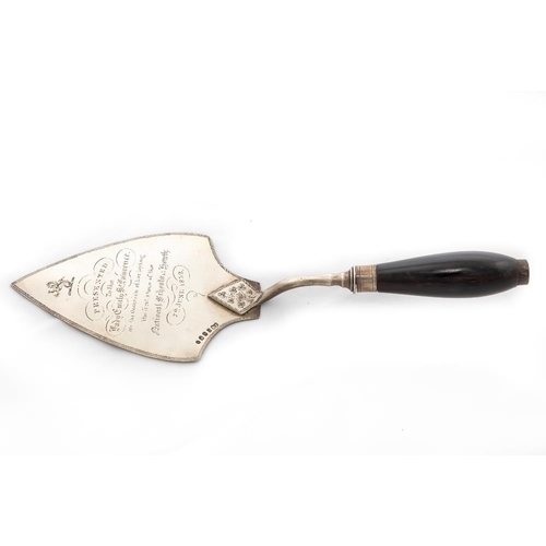 725 - A fine rare Irish Victorian silver Presentation Trowel, by J. Smyth, Dublin 1851, the crested blade ... 