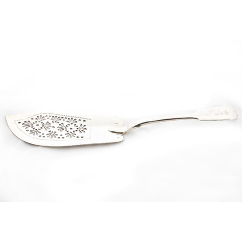 727 - An Irish William IV silver crested Fish Slice, by P. Weeks, Dublin 1834, with pierced and shaped bla... 