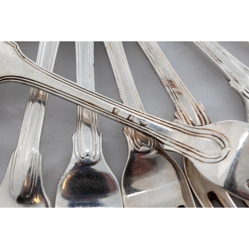 757 - A set of 46 heavy silver plated and crested fiddle and thread pattern Table Forks. (46)... 