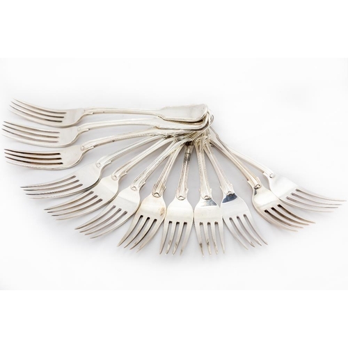 759 - A very good set of 8 - George III silver crested fiddle and thread pattern Table Forks, London 1818;... 