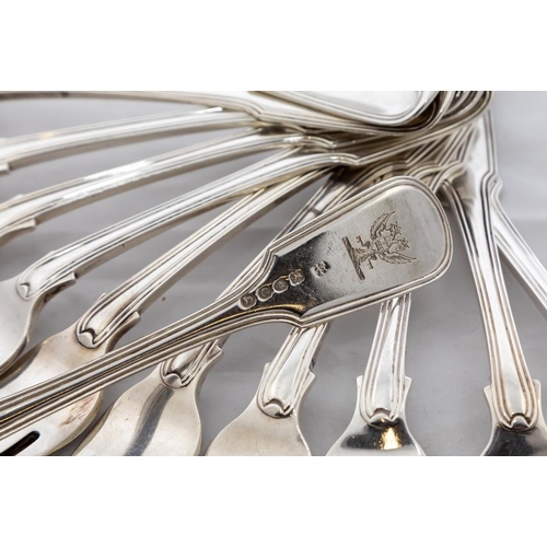 759 - A very good set of 8 - George III silver crested fiddle and thread pattern Table Forks, London 1818;... 