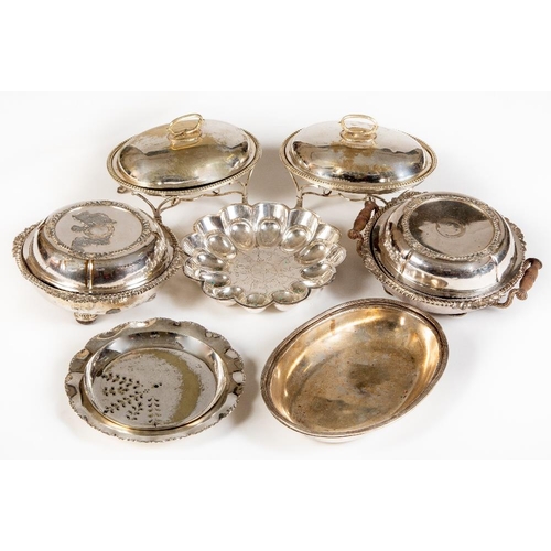 766 - A pair of oval silver plated and crested Entrée Dishes & Covers, on warming stands, with lion pa... 