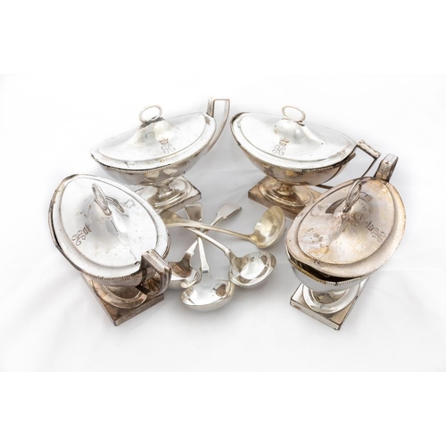 767 - A rare set of 4 early Sheffield silver plated and crested Sauce Tureens & Covers, each of oval b... 