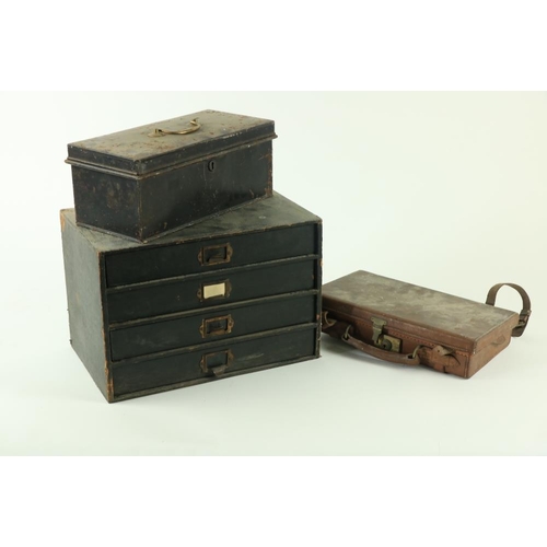 806 - Three old rectangular metal Boxes, a leather Collar Case, a desk top leather bound Chest, a leather ... 