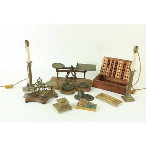 808 - A late 19th Century oak and brass Postage Scales, with postage rates displayed, and three weights, 1... 