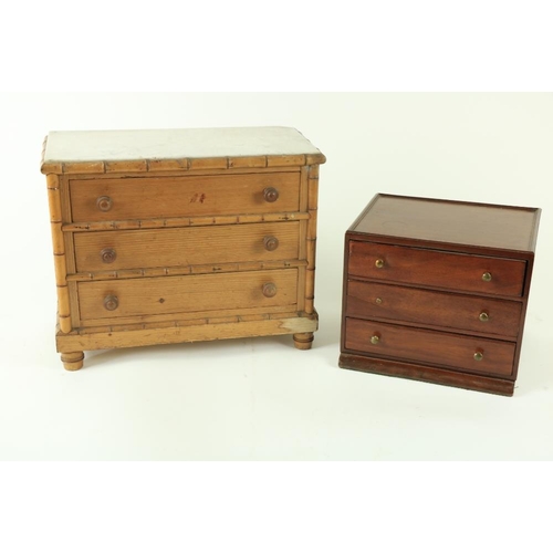 811 - A Victorian pitch pine and simulated bamboo table top miniature Chest, with three drawers and a marb... 