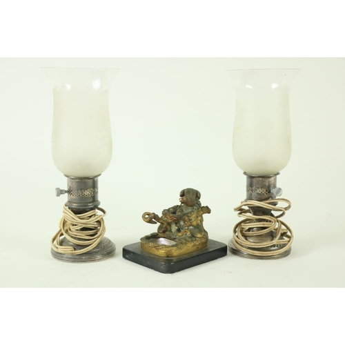 843 - A pair of unusual Sterling silver weighted Table Lamps, with frosted glass shades, 10