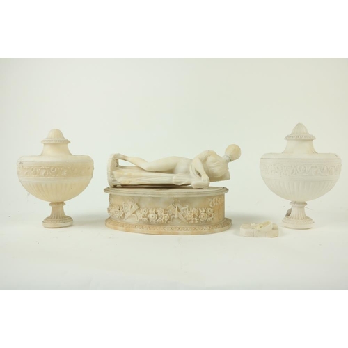 846 - A pair of late 19th Century Alabaster Urns and Covers, each with a band of carved scrolling foliage ... 