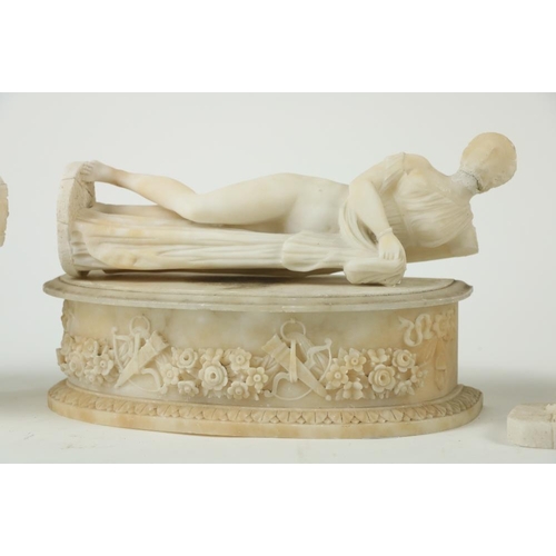 846 - A pair of late 19th Century Alabaster Urns and Covers, each with a band of carved scrolling foliage ... 