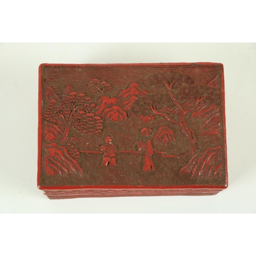 855 - A 19th Century rectangular red cinnabar Box and Cover, carved with two figures in a landscape 5 1/2