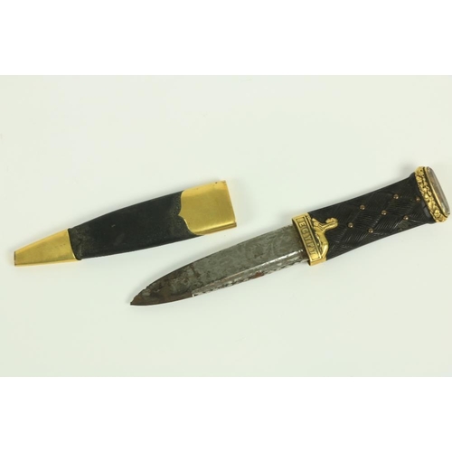 905 - A 79th Royal Highlanders Scottish Dirk Scabbard, lacking dirk, knife and fork leather and gilt brass... 