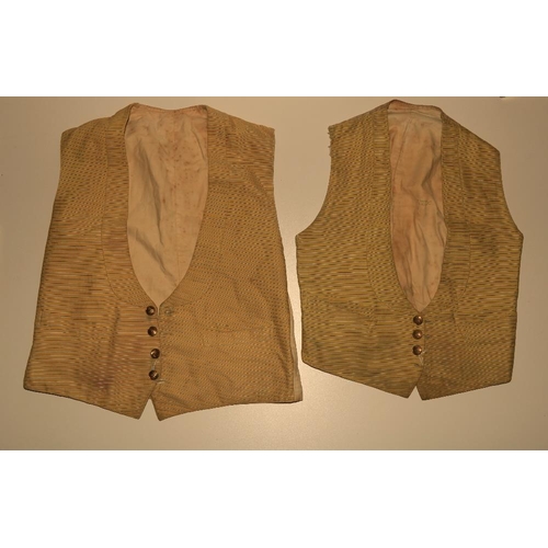 942 - Four yellow ground Hunting Waist Coats, each with blue stripes, a red Hunting Tunic, probably from t... 