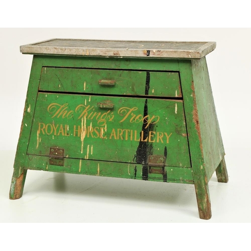 970 - A green painted aluminium mounted wooden Horse Mounting Box, with drawer and cupboard, inscribed 