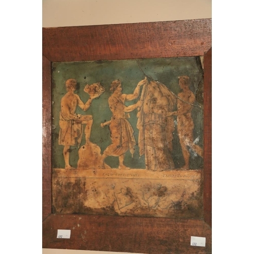 492 - An Ancient Greek Tile, with four classical figures against a green wall standing on a plinth with in... 