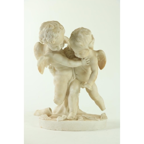 825 - A 19th Century white alabaster Group, modelled with two frolicking cherubs on an oval base detached ... 