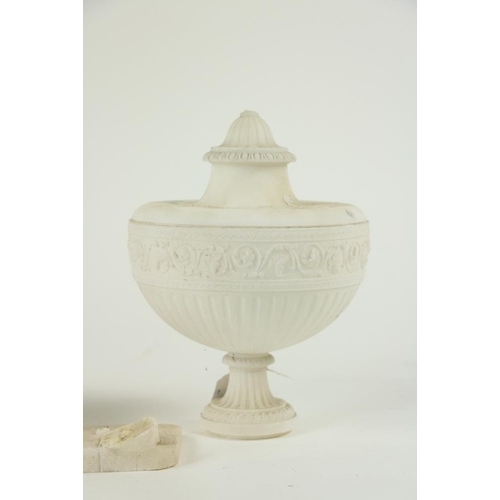 846 - A pair of late 19th Century Alabaster Urns and Covers, each with a band of carved scrolling foliage ... 