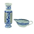 A Chinese blue and white Xiangshi porcelain Sauceboat, the interior decorated with figures on a balc... 
