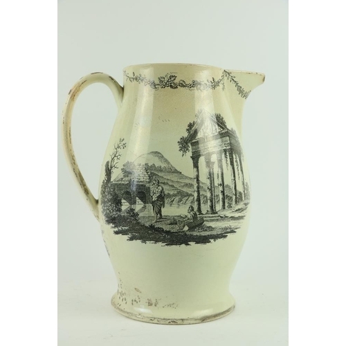 98 - A large 18th Century English creamware transfer printed polychrome Jug, depicting architecture, Capr... 