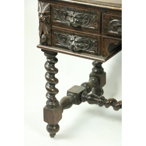 171 - An oak 17th Century style kneehole Desk, profusely carved with scrolling foliage and animal masks on... 