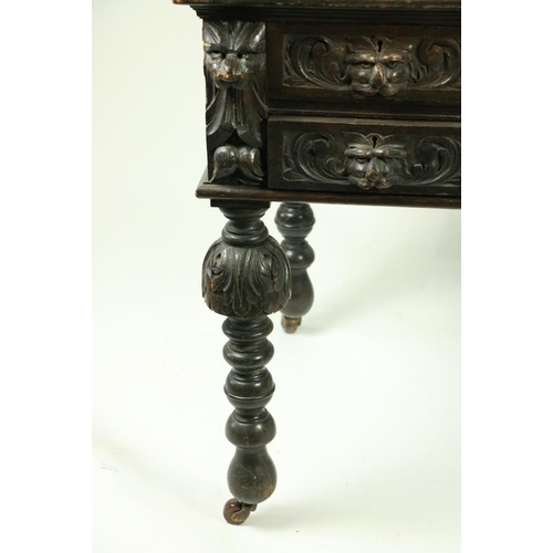 171 - An oak 17th Century style kneehole Desk, profusely carved with scrolling foliage and animal masks on... 