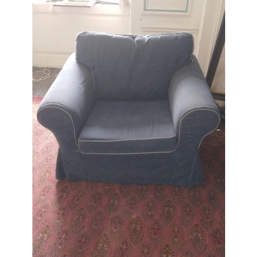 261 - A late 19th Century Chesterfield Settee, covered in light blue loose fabric, with two loose cushions... 