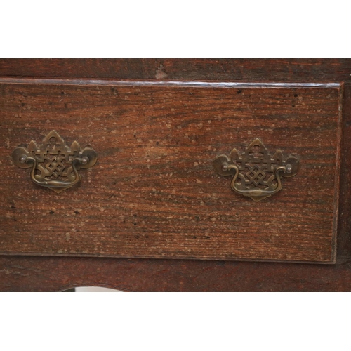 341 - An 18th Century oak Dresser Base, with plank top above three frieze drawers on turned legs, 63