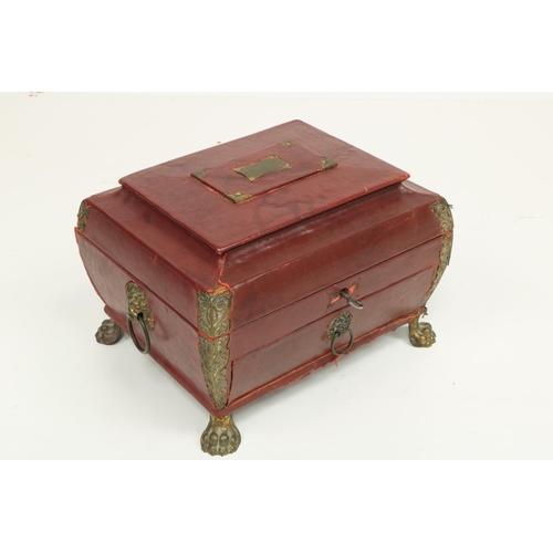 481 - A very unusual Regency period leather bound ladies Sewing Casket, with brass mounts, the hinged top ... 