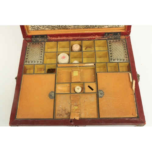 481 - A very unusual Regency period leather bound ladies Sewing Casket, with brass mounts, the hinged top ... 